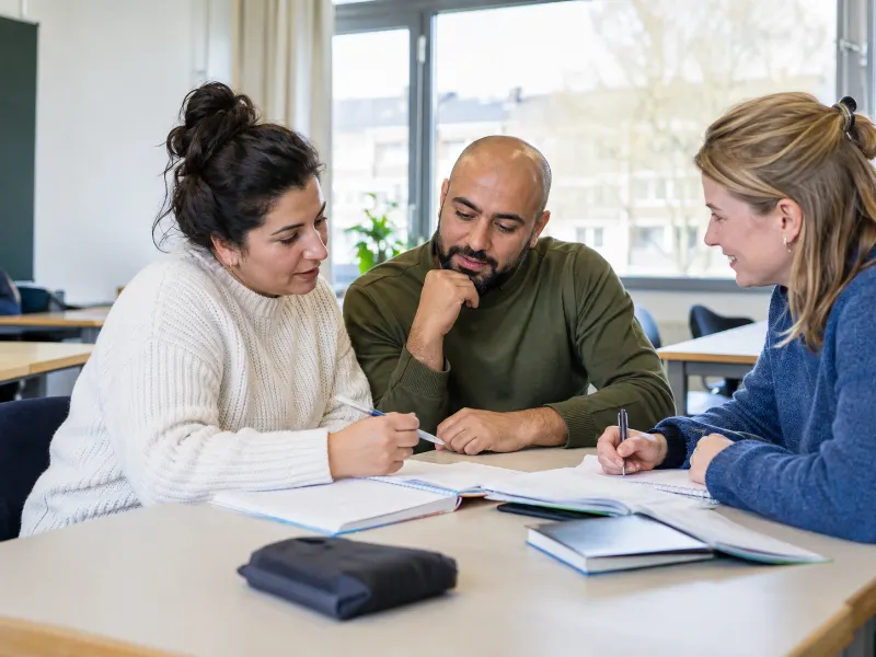 Drie volwassenen werken samen aan een tafel in een klaslokaal met schriften en pennen.