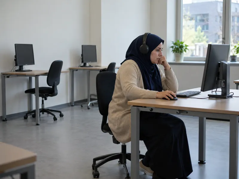 Een vrouw met een koptelefoon zit alleen aan een computer in een lichte examenzaal met lege tafels.