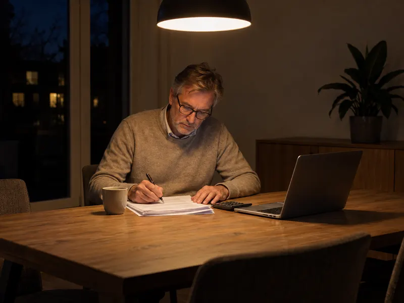 Een man zit 's avonds aan de keukentafel met papieren, een rekenmachine en een laptop.